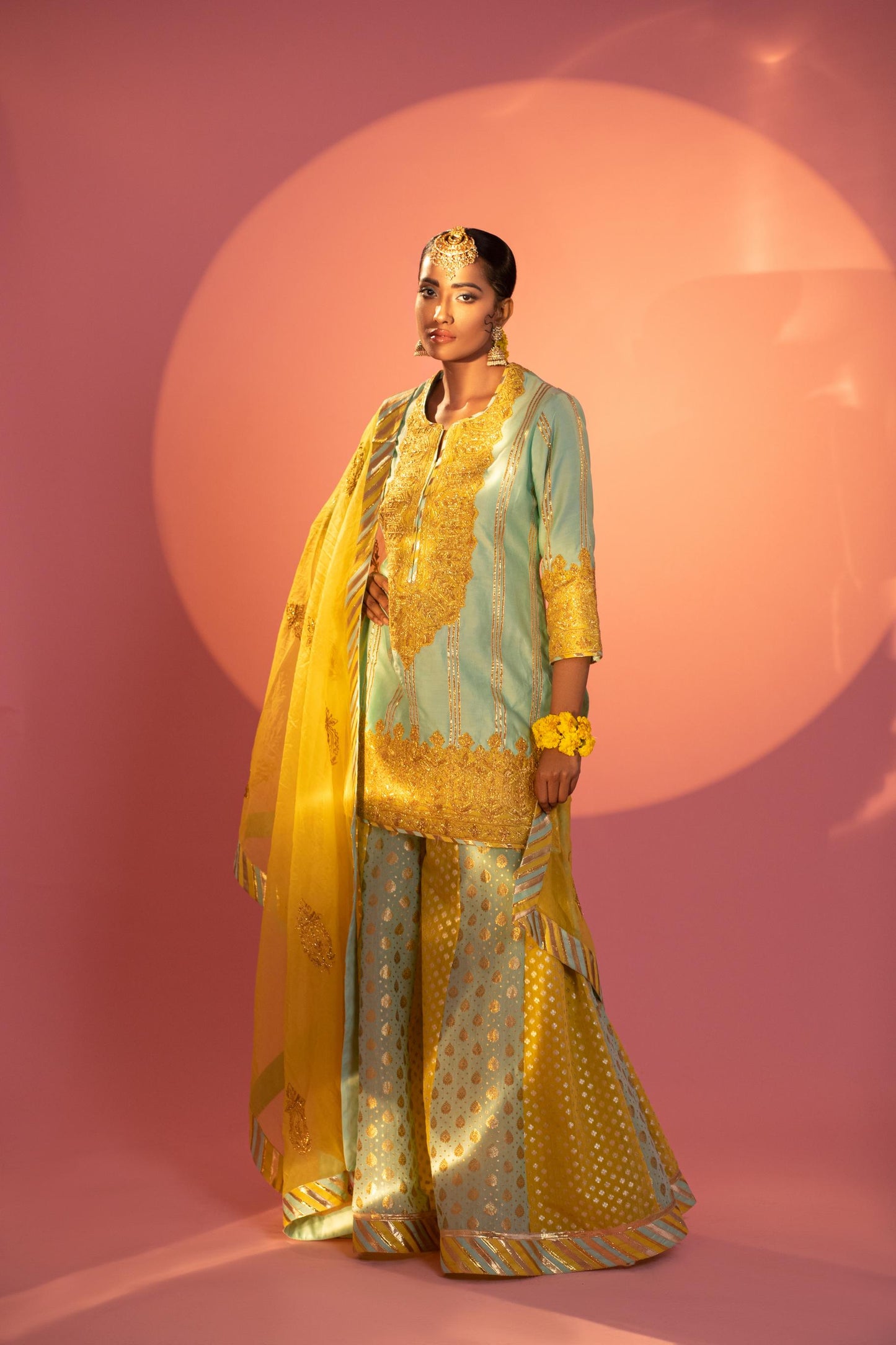 Sea Green and Yellow Short Shirt with Sharara