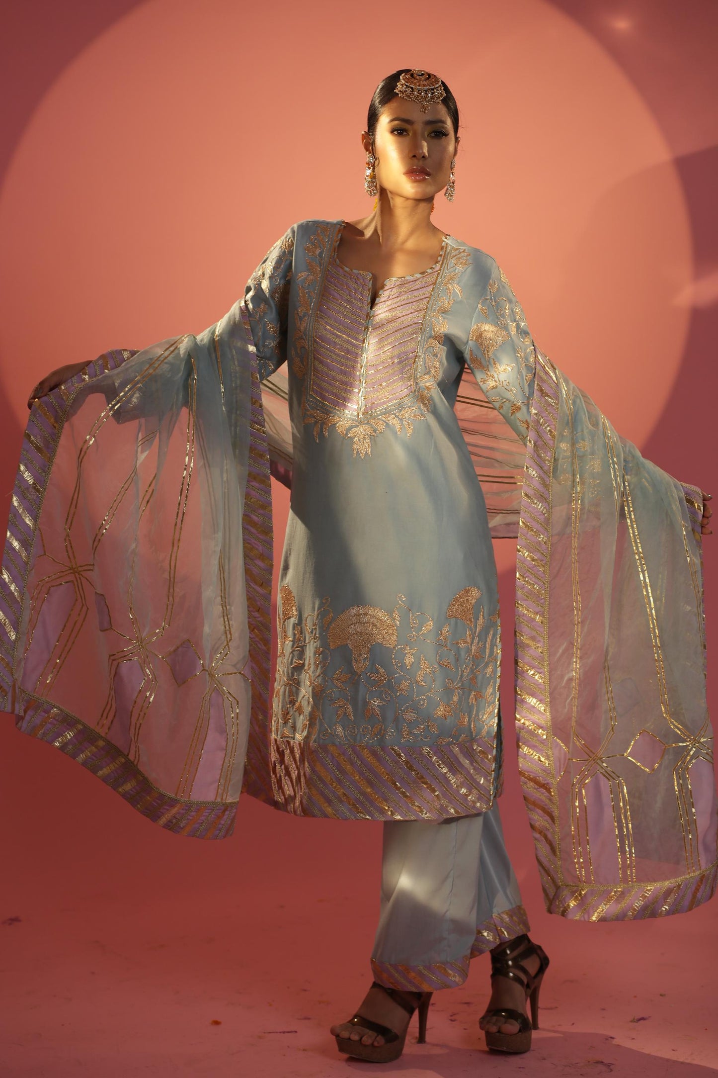 Shirt Banarasi Dupatta Organza And Plazzo Moral Satin