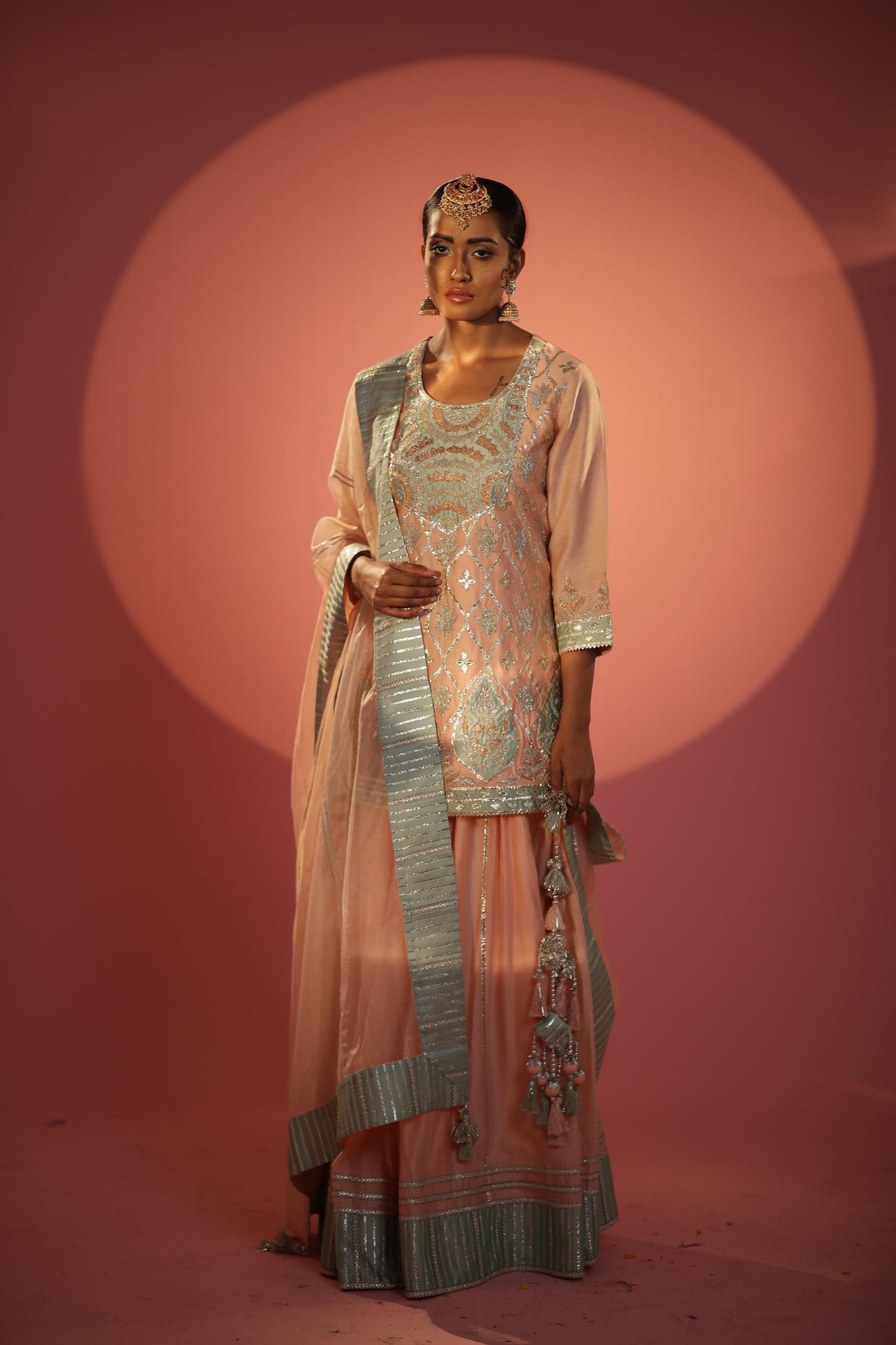 Peach and Sea Green Short Shirt with Sharara
