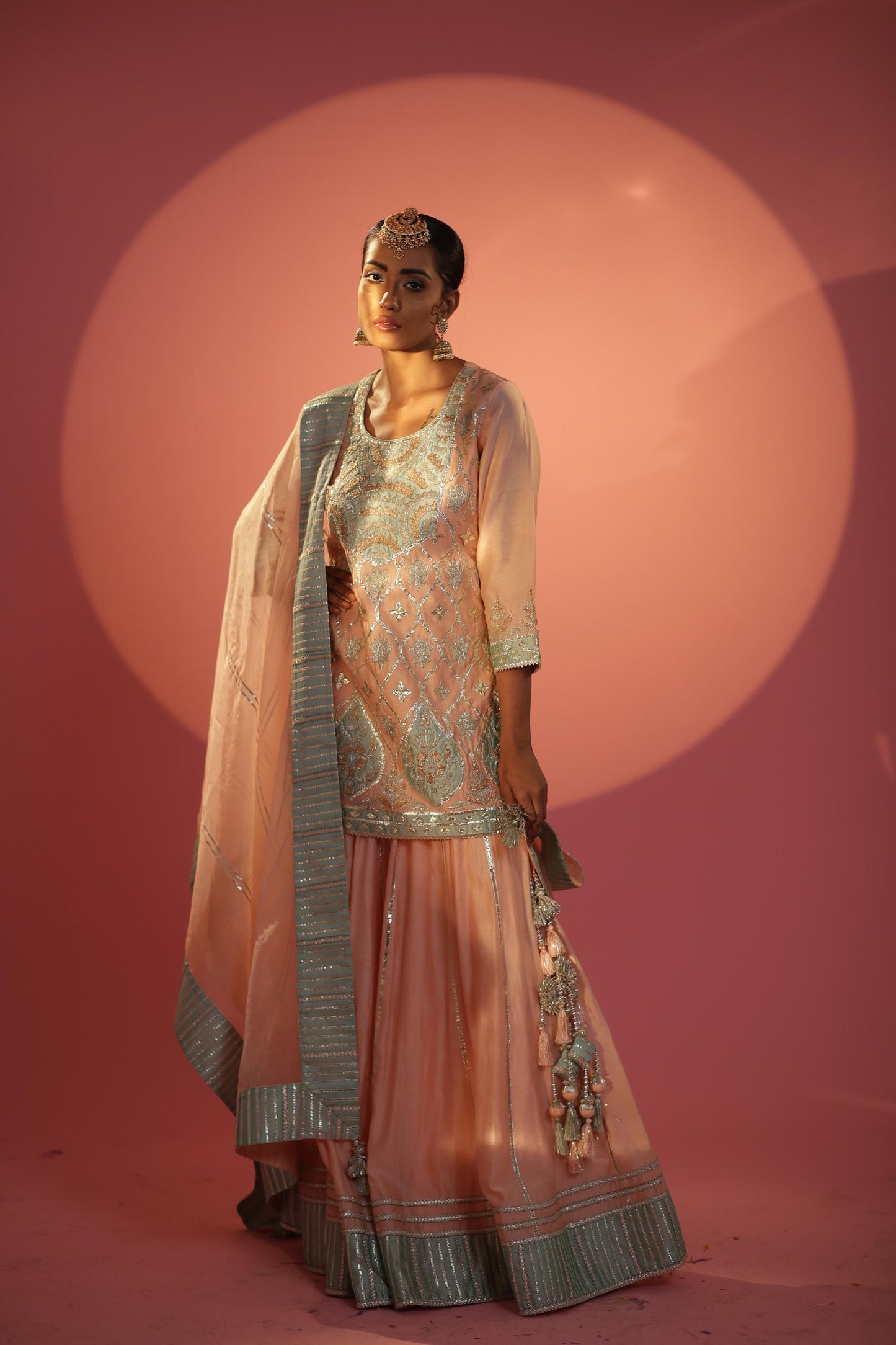 Peach and Magenta Short Shirt with Sharara Set
