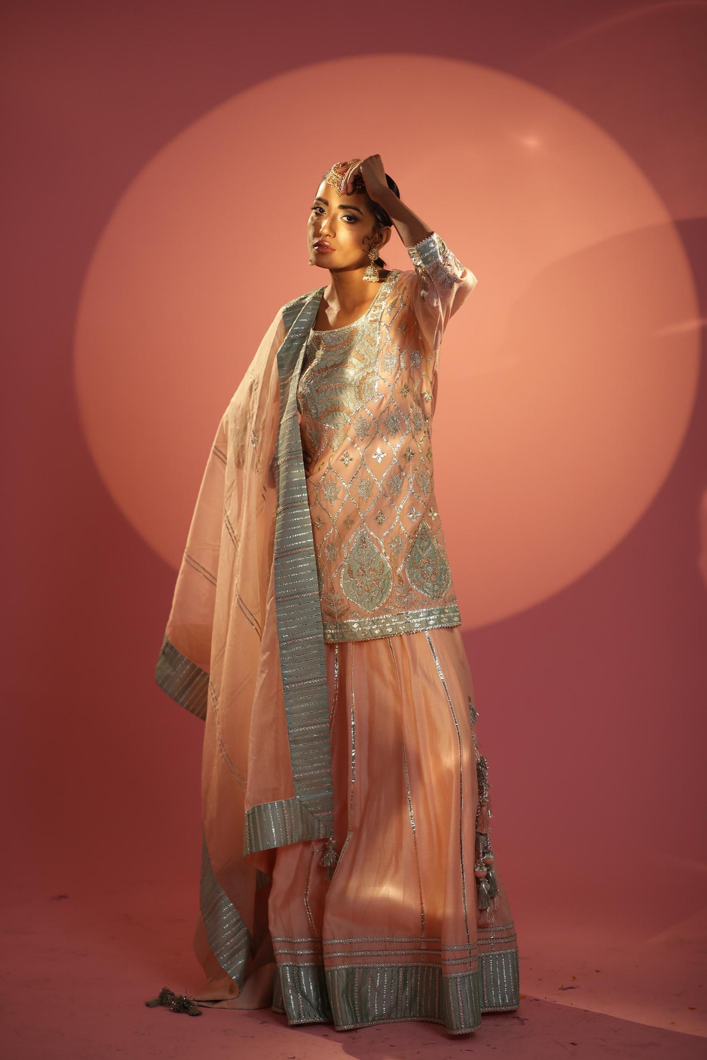 Peach and Sea Green Short Shirt with Sharara