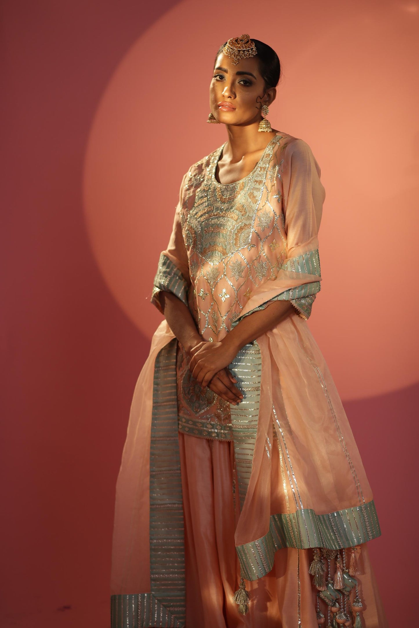 Peach and Sea Green Short Shirt with Sharara