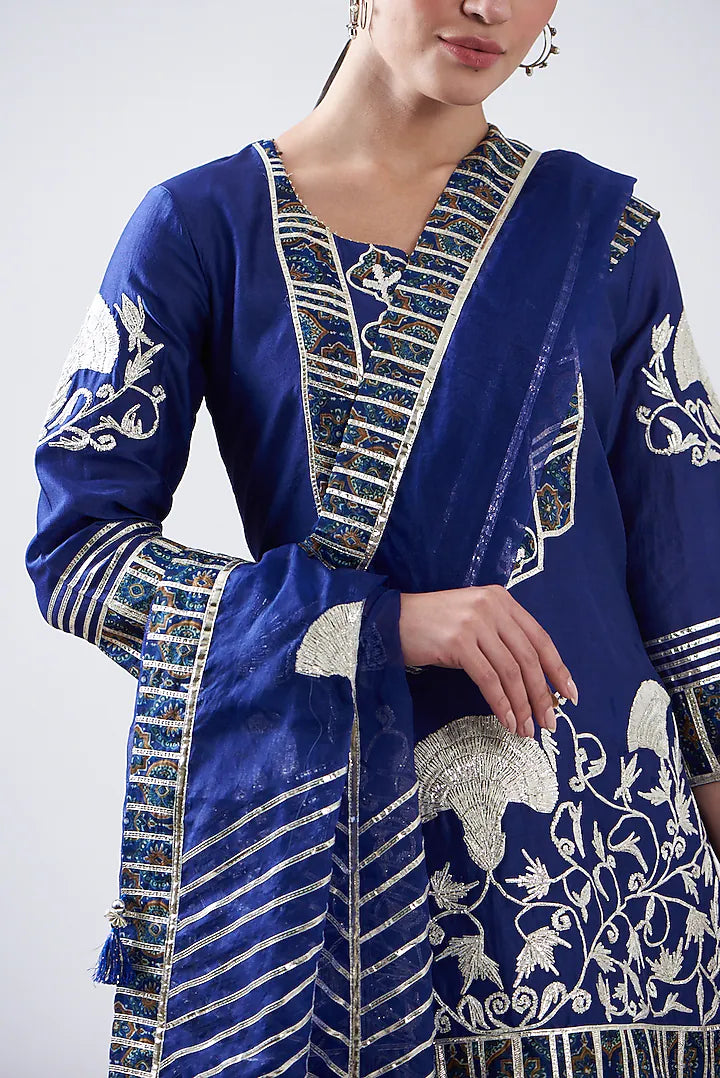 Blue Chanderi Printed & Embroidered Gharara Set
