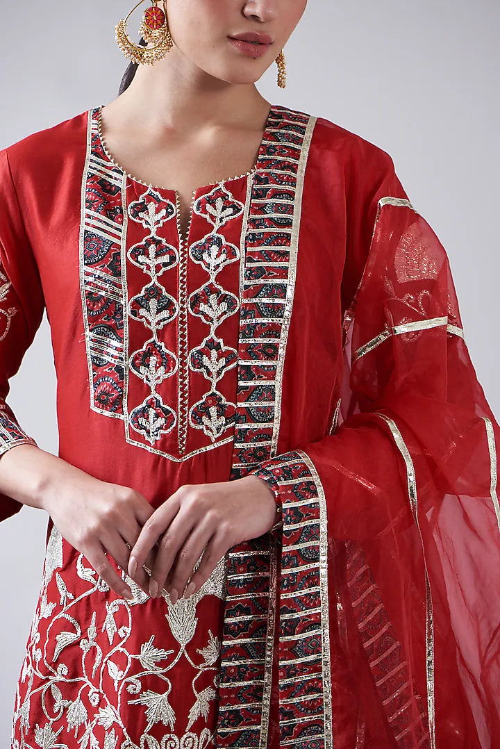 Red Chanderi Printed & Embroidered Gharara Set