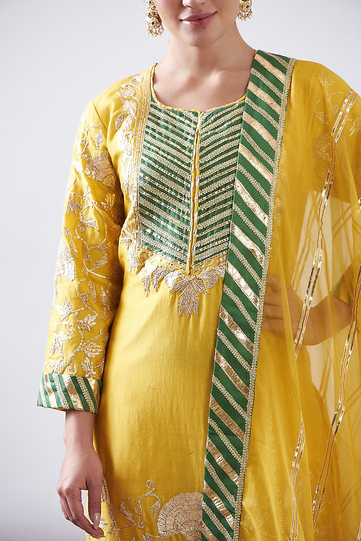 Yellow Silk Chanderi Embroidered Kurta Set