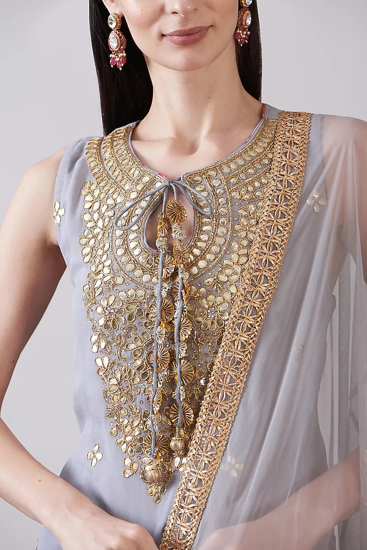 Grey Georgette Viscose Printed & Embroidered Gharara Set