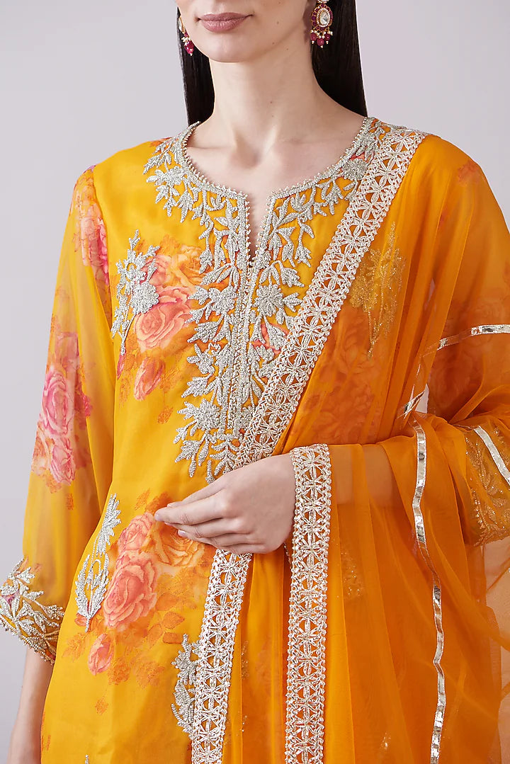 Orange Georgette Viscose Printed & Embroidered Gharara Set