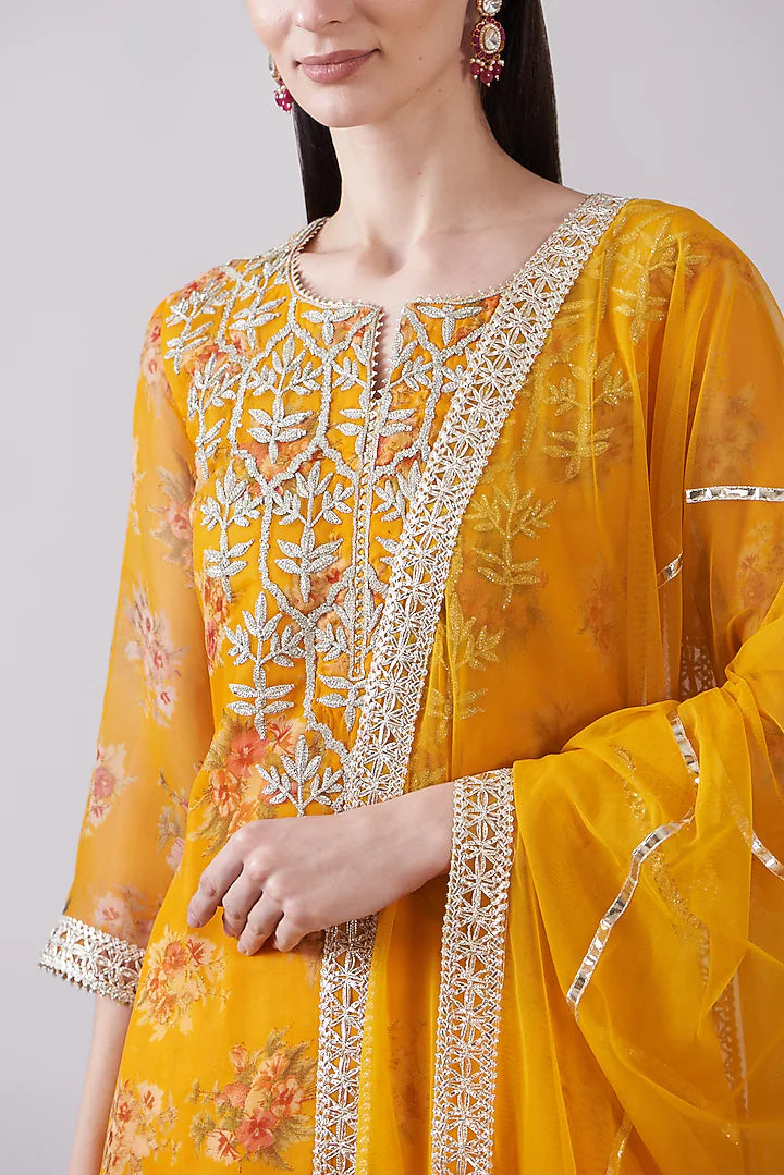 Orange Georgette Viscose Printed & Embroidered Gharara Set