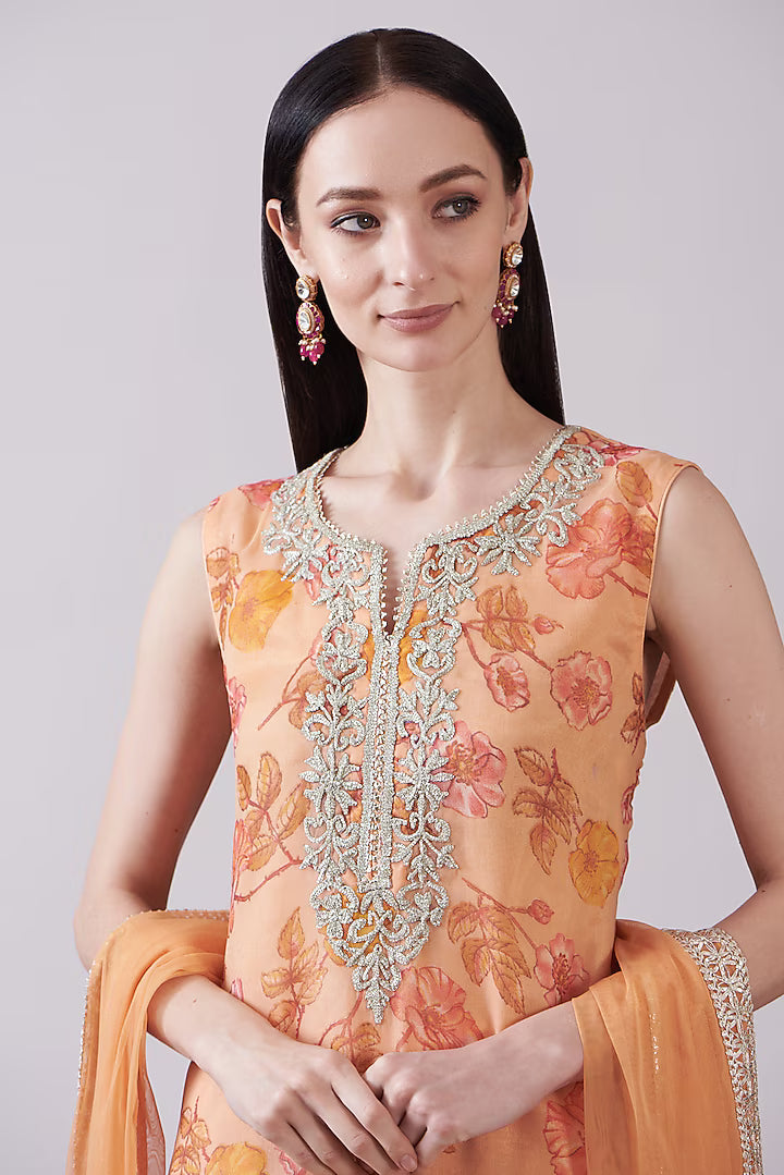 Peach Georgette Viscose Printed & Embroidered Gharara Set