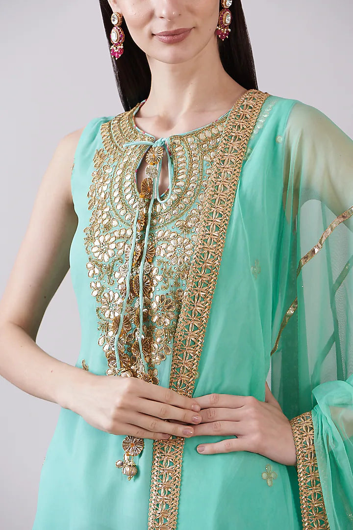 Green Georgette Viscose Printed & Embroidered Gharara Set