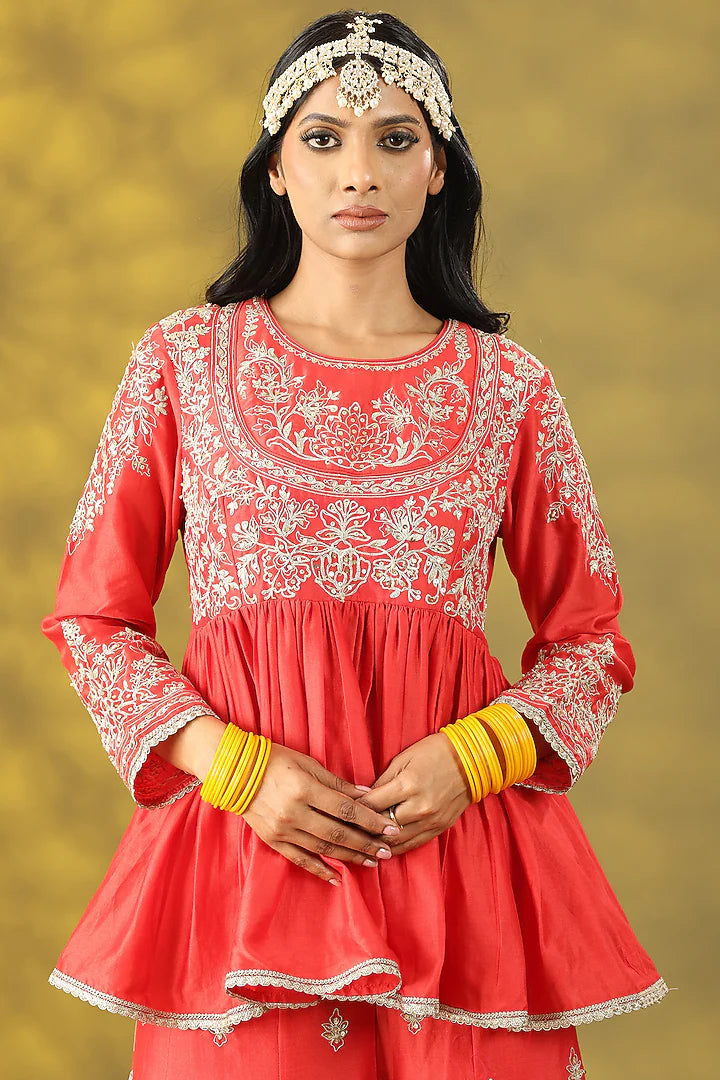 Coral Red Chanderi Silk Sequins Hand Work Sharara Set