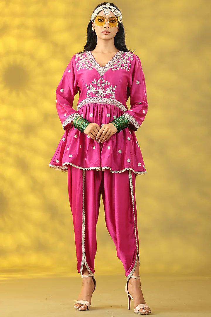 Cerise Pink Chanderi Silk Dori Work Anarkali Set