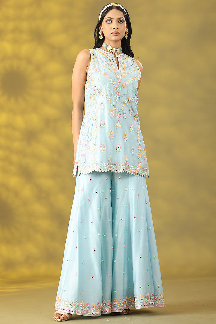 Sky Blue Crepe Mirror & Thread Work Sharara Set