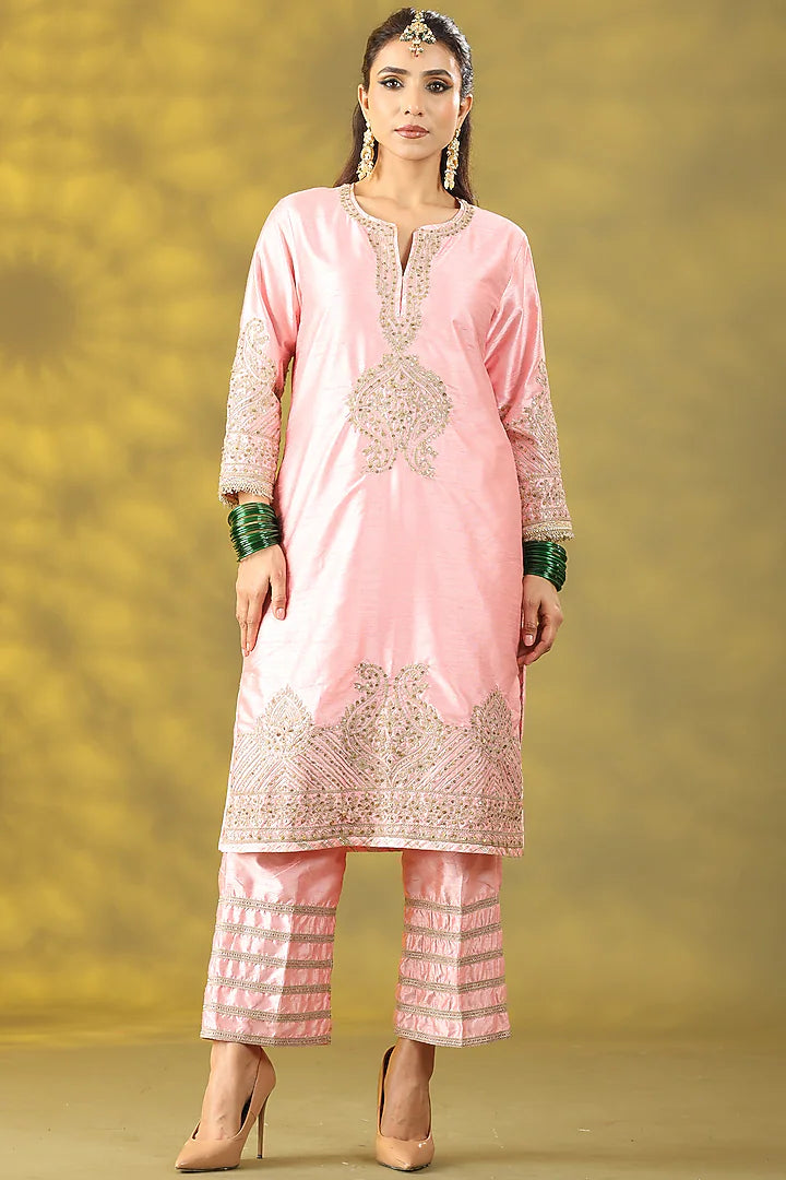 Light Rose Pink Chanderi Silk Dori Work Kurta Set