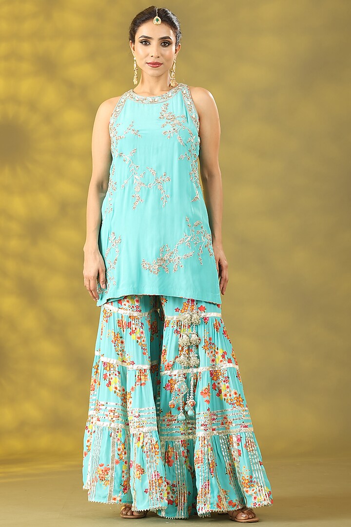Sky Blue Dupion Gota Lace Embroidered & Printed Gharara Set