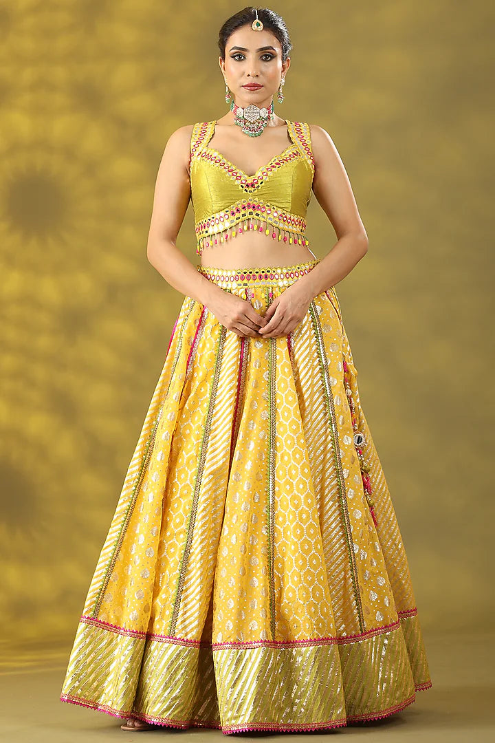 Golden Yellow Chanderi Silk Hand Embroidered Lehenga Set