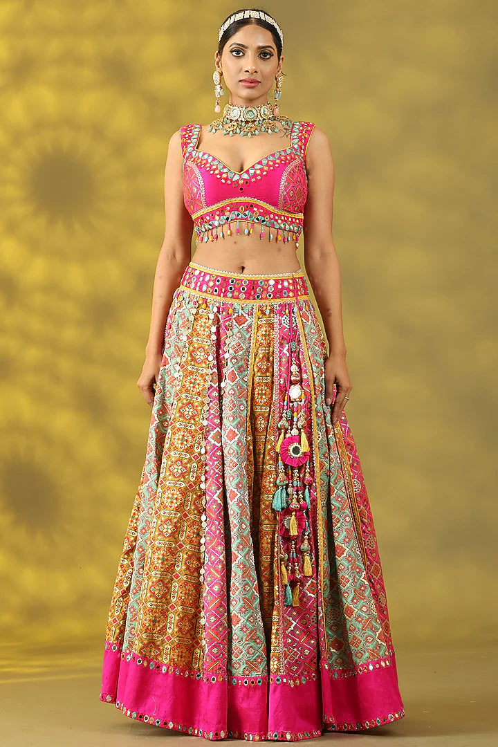 Multi-Colored Chanderi Silk Hand Embroidered Lehenga Set