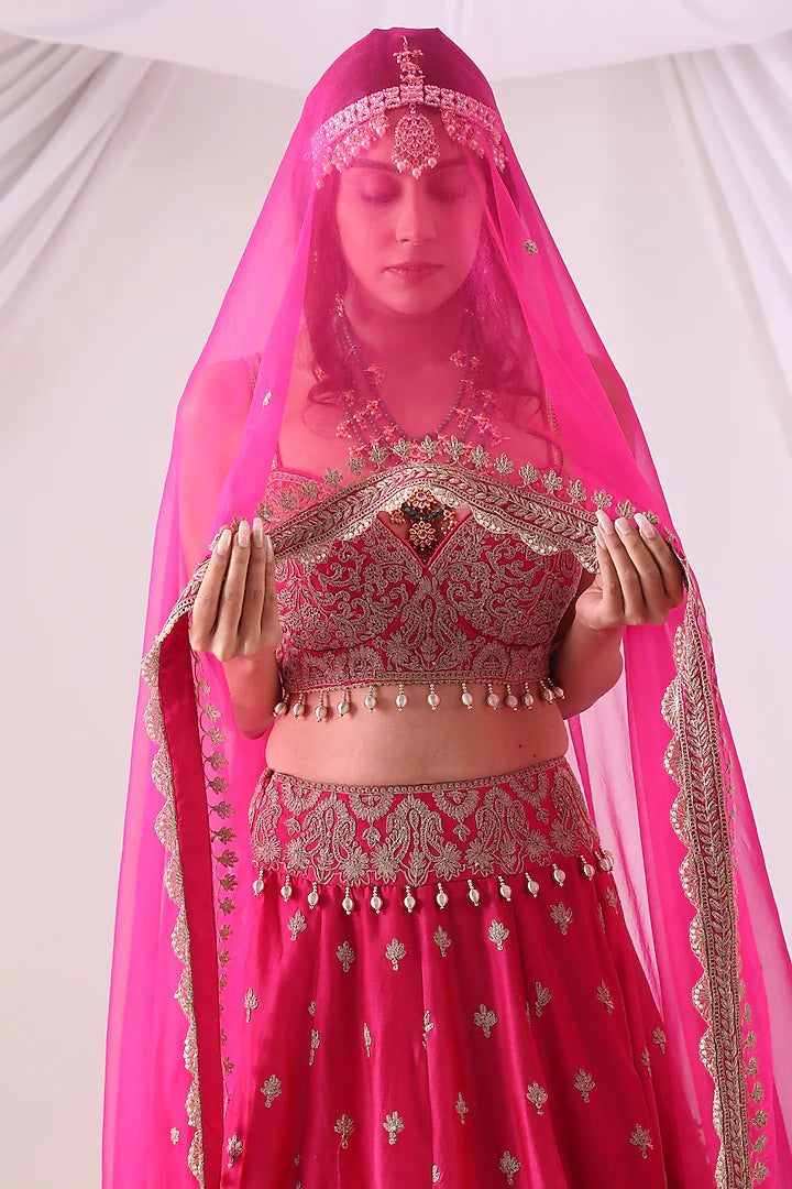 Magenta Banarasi Chanderi Zari Embroidered Lehenga Set