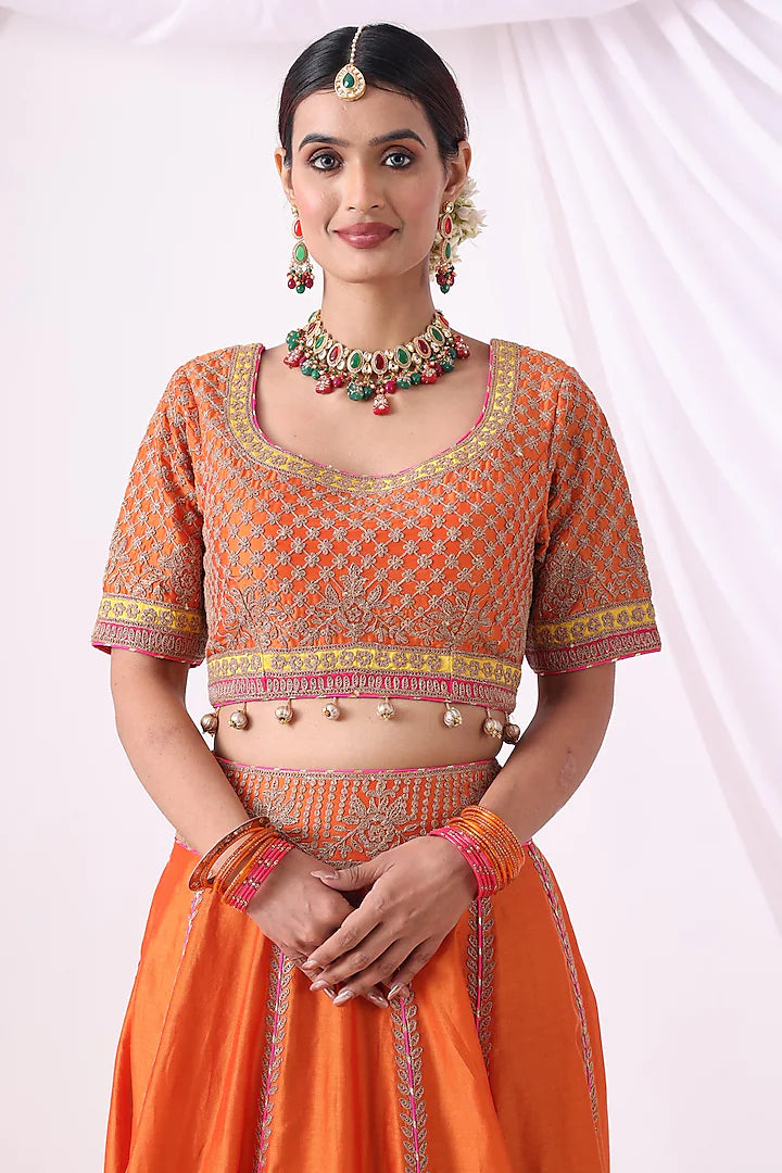Orange Banarasi Chanderi Zari Embroidered Lehenga Set