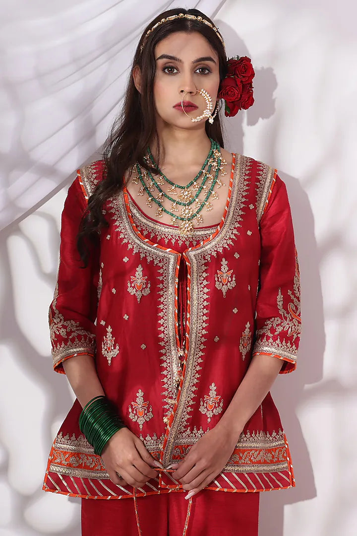 Maroon Dola Silk Zari Embroidered Gharara Set