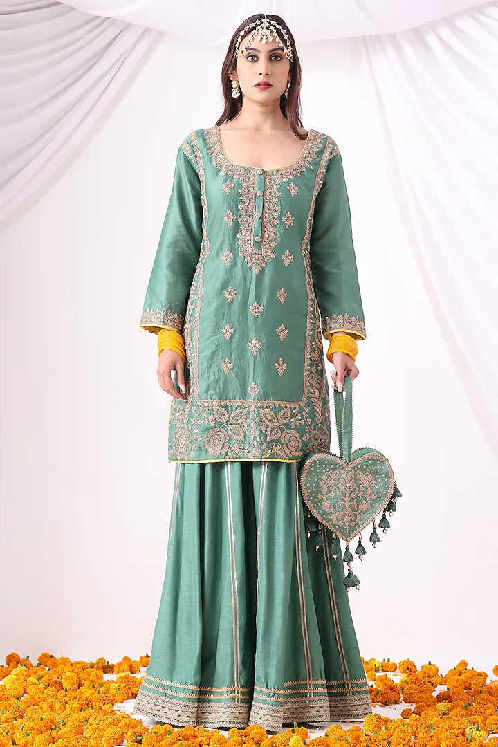 Pastel Green Banarasi Chanderi Zari Embroidered Sharara Set