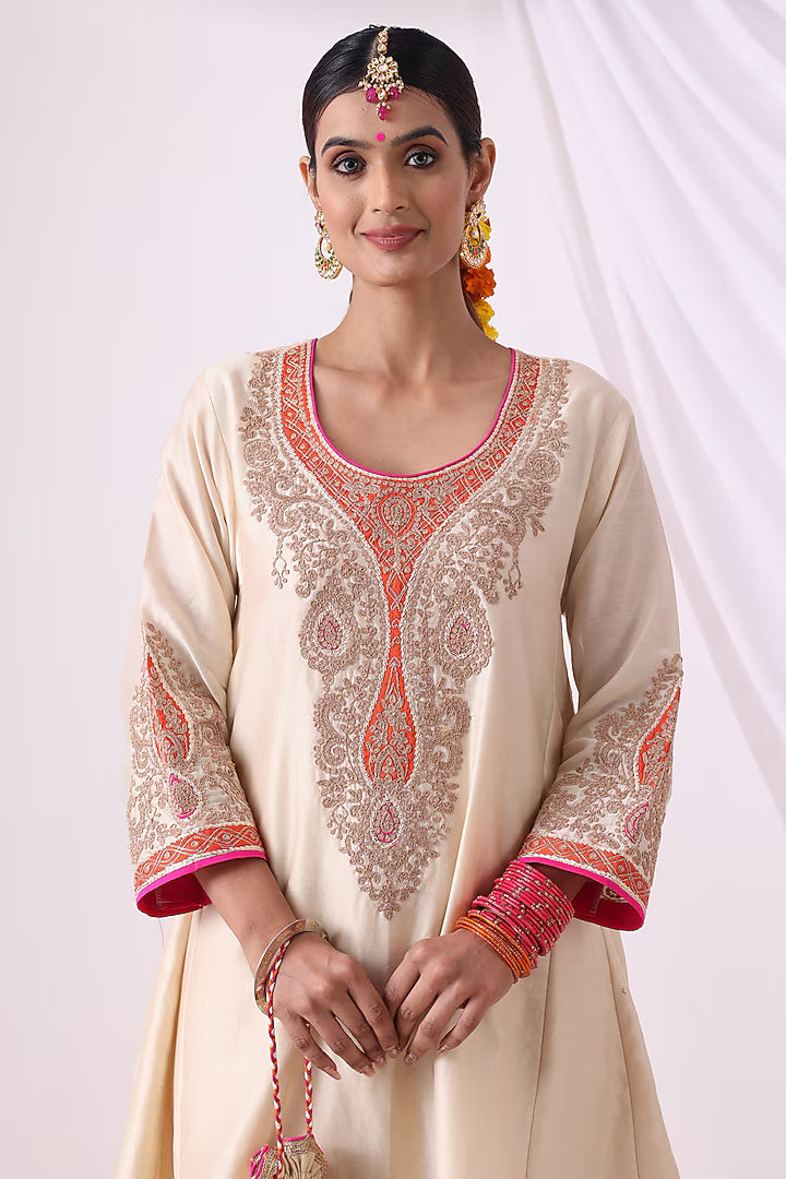 Beige Banarasi Chanderi Zari Embroidered Kurta Set