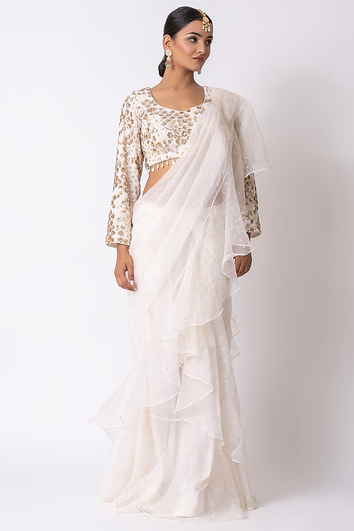 Off-White Organza Draped Saree Set