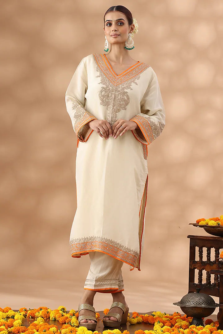 Beige Shimmer Silk Kasab Embroidered Kurta Set