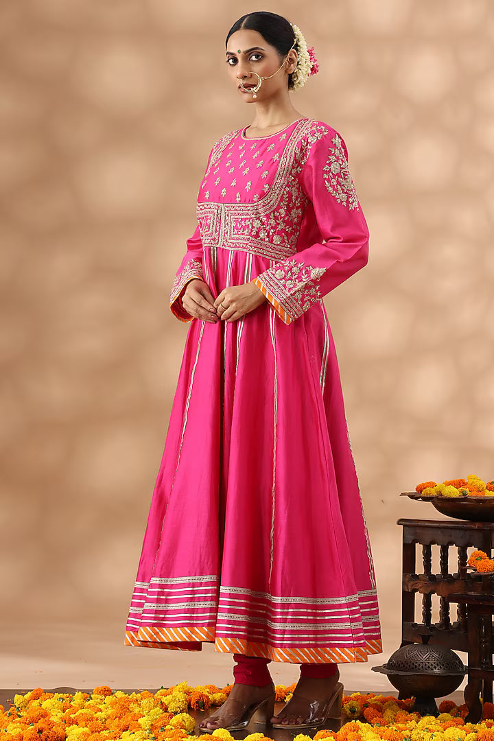 Hot Pink Banarasi Chanderi Kasab Embroidered Anarkali Set