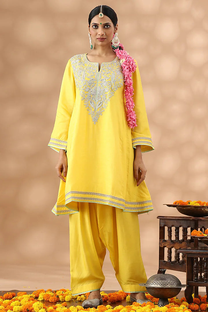 Marigold Yellow Cotton Kasab Embroidered Kurta Set