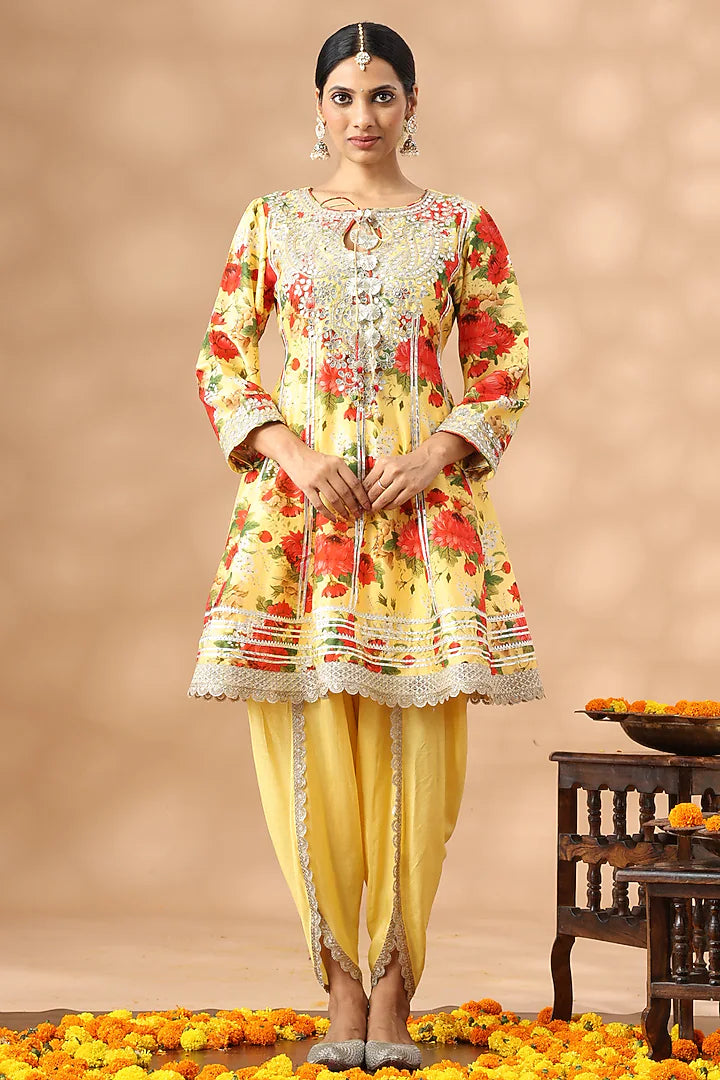 Light Mustard Cotton Printed Short Anarkali Set