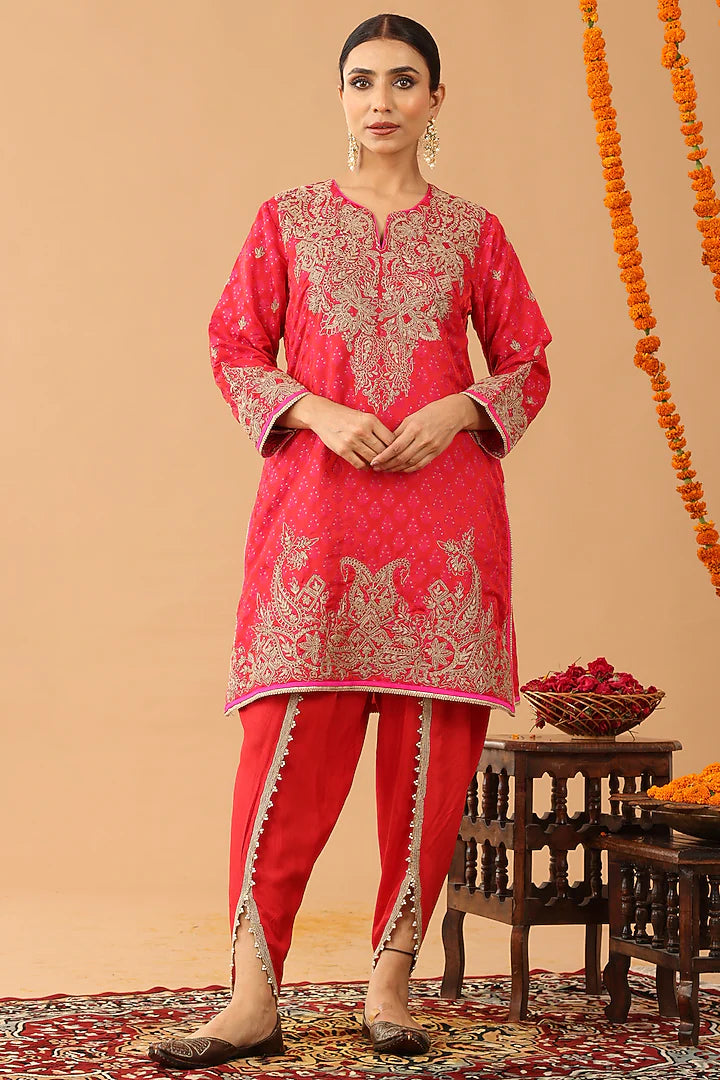 Coral Red Tancholi Silk Kasab Embroidered Kurta Set
