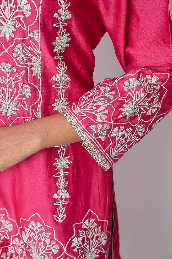 Hot Pink Banarasi Katan Nakshi Gota Embellished Gharara Set