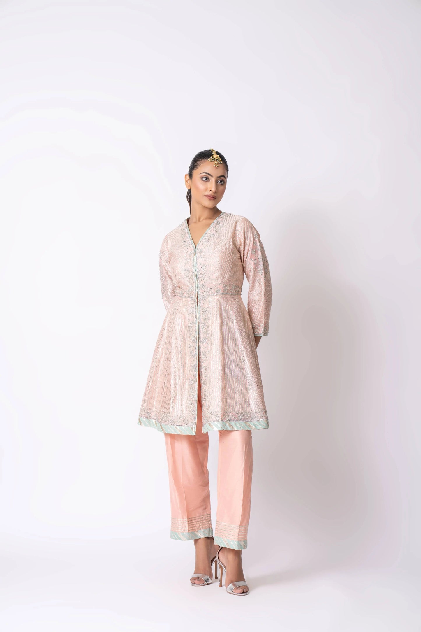 Peach Chanderi Gota & Sequins Embroidered Jacket Set