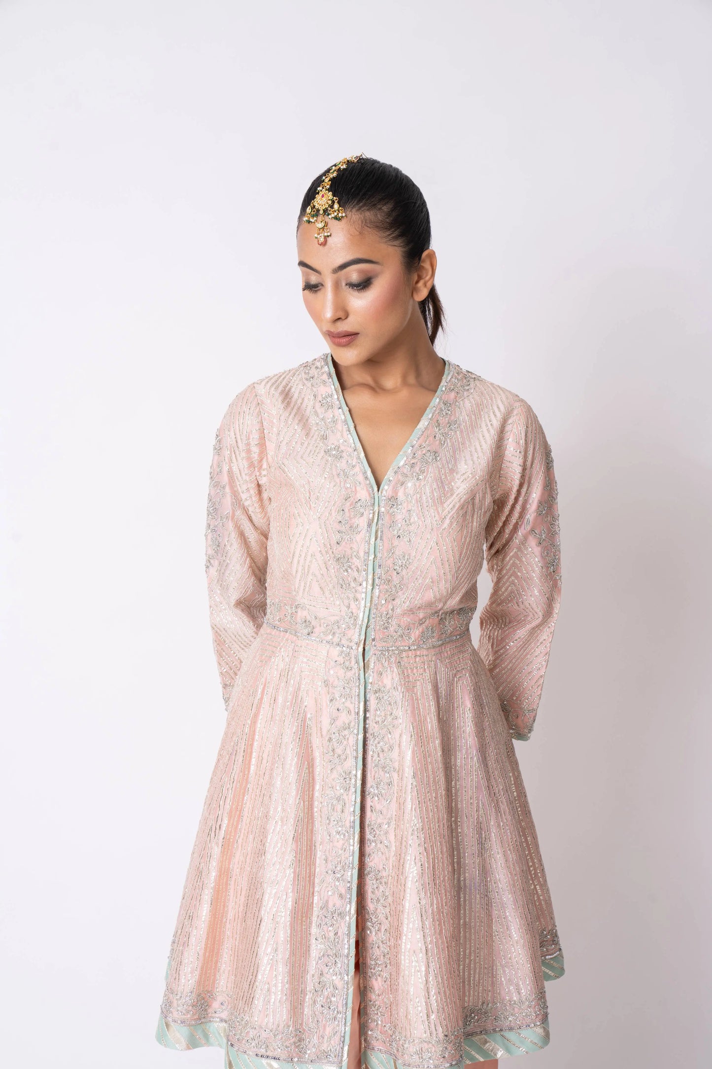 Peach Chanderi Gota & Sequins Embroidered Jacket Set