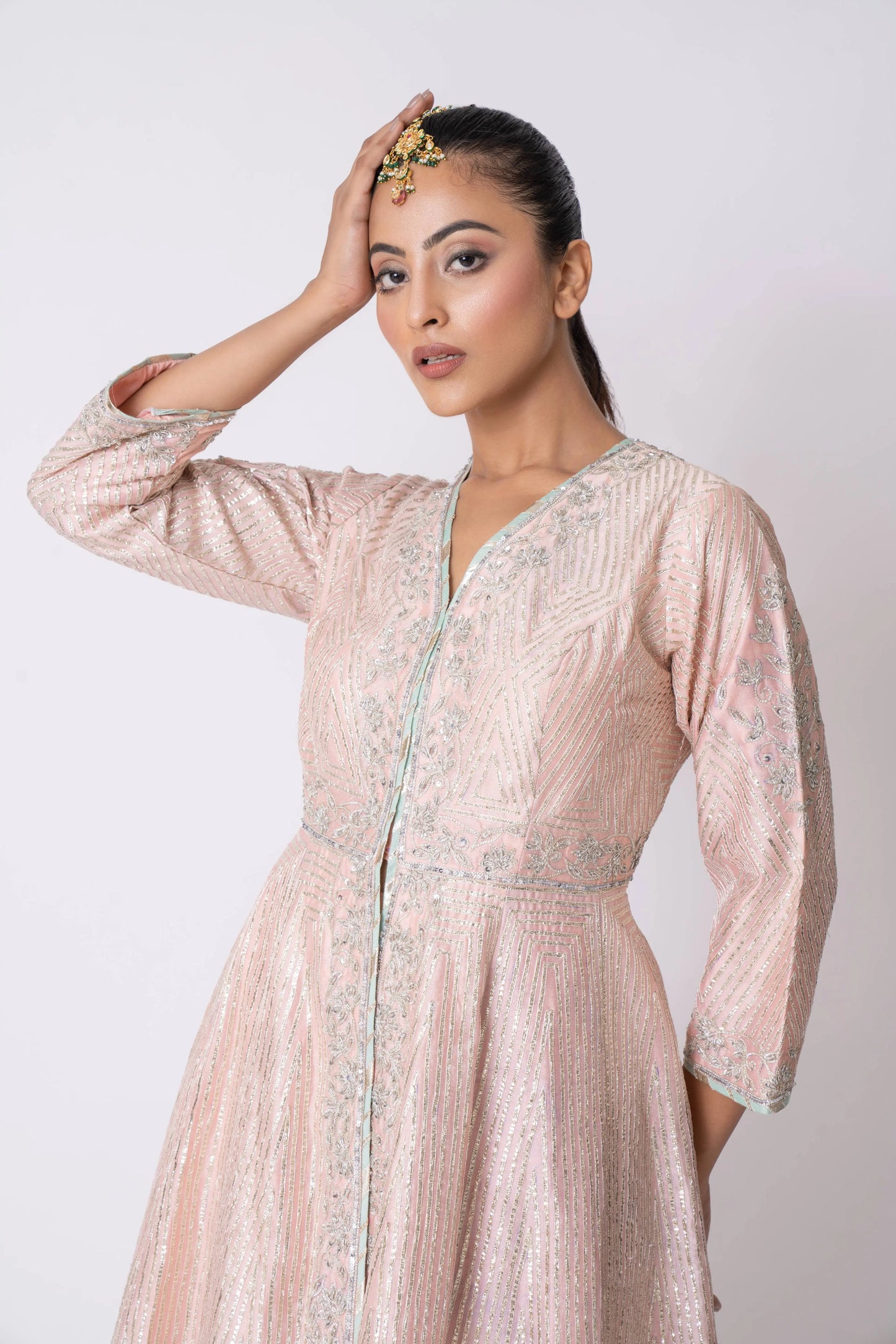 Peach Chanderi Gota & Sequins Embroidered Jacket Set