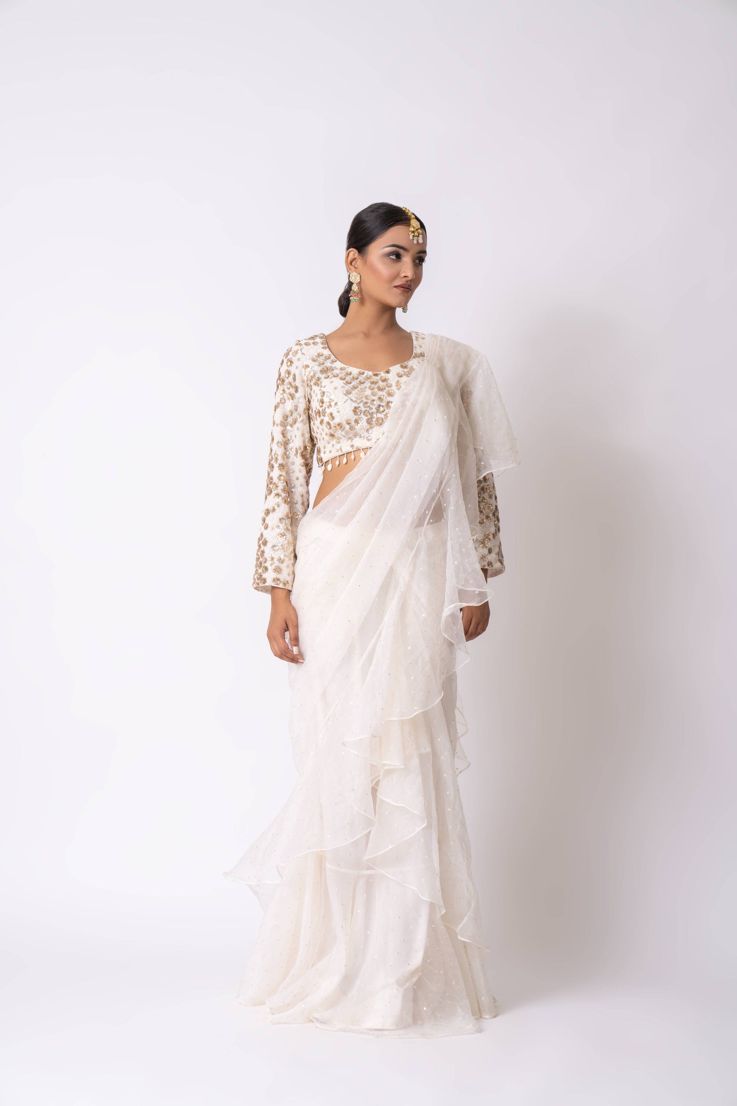 White Draped Sareer Set