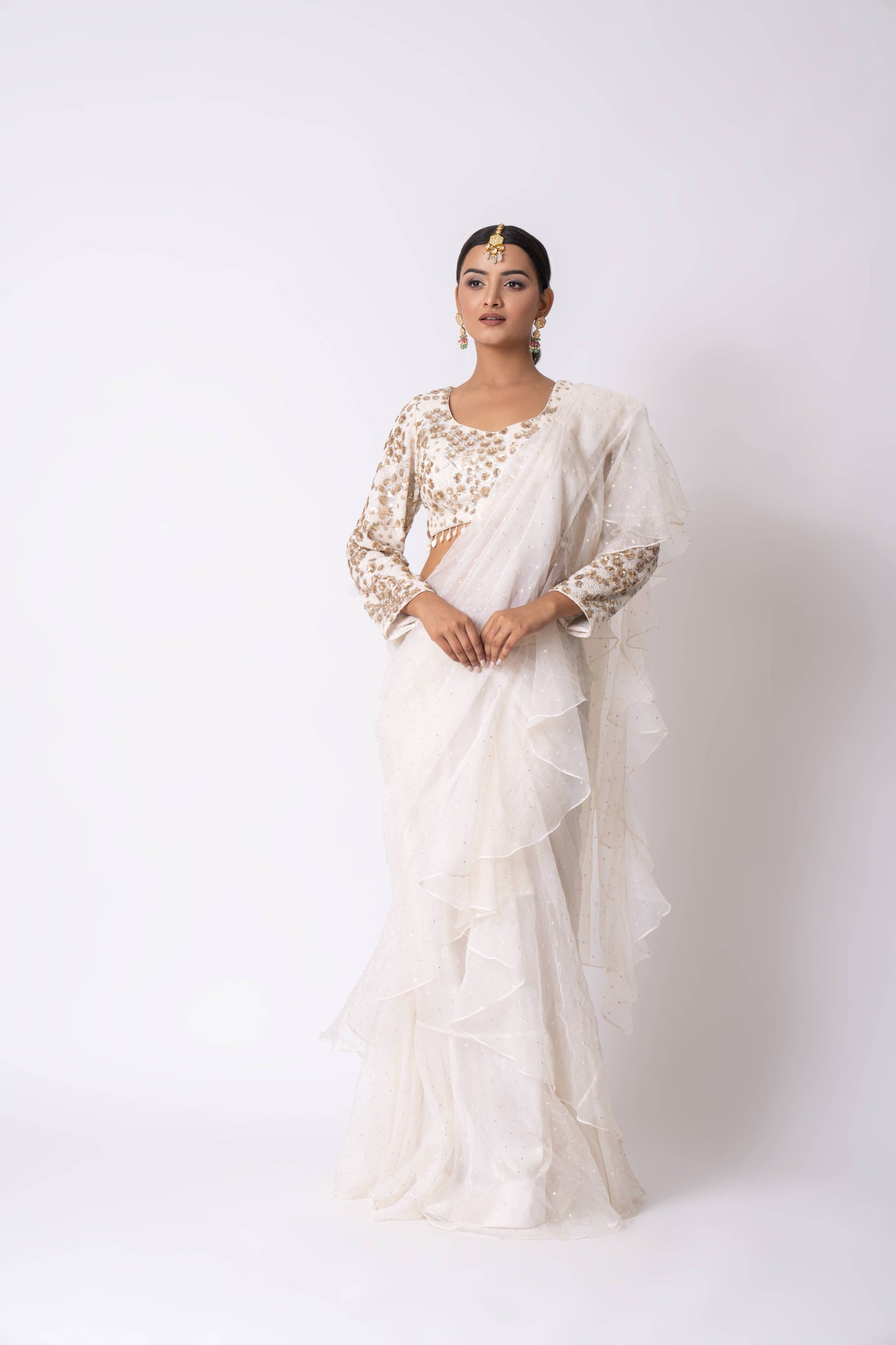 White Draped Sareer Set