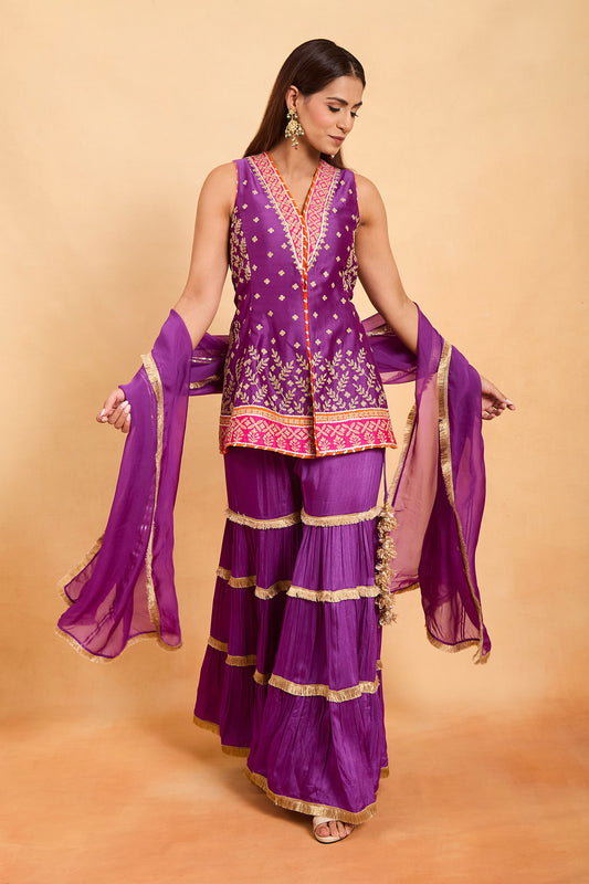 Vibrant Purple Sleeveless Peplum Kurti & Tiered Gharara Set