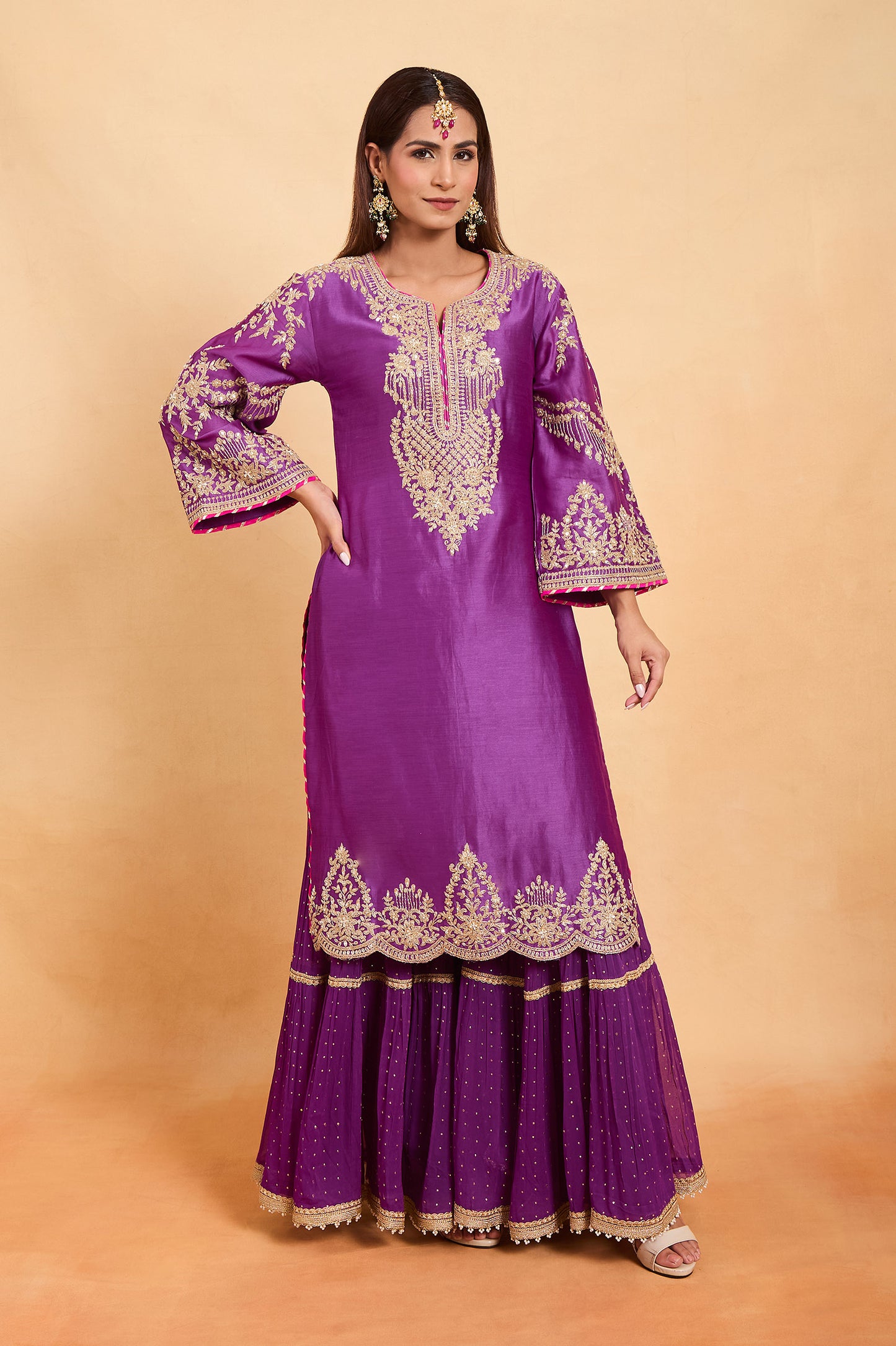 Regal Purple Silk Kurta Set with Gold Embroidery & Gharara Set