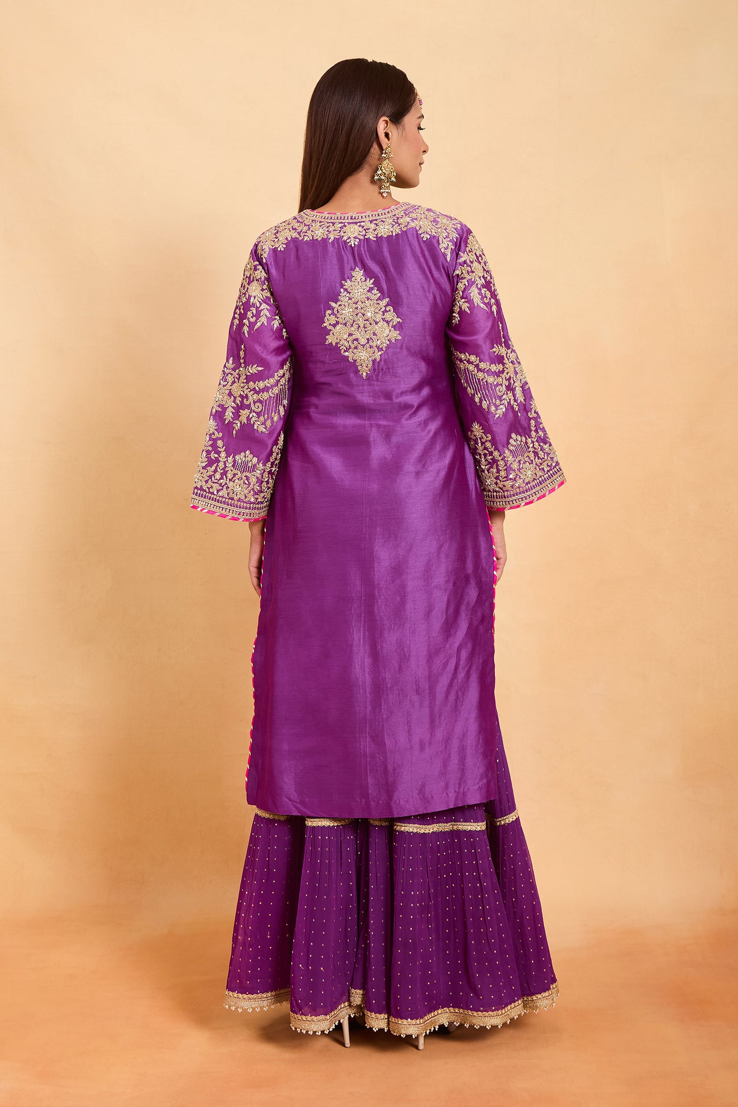 Regal Purple Silk Kurta Set with Gold Embroidery & Gharara Set
