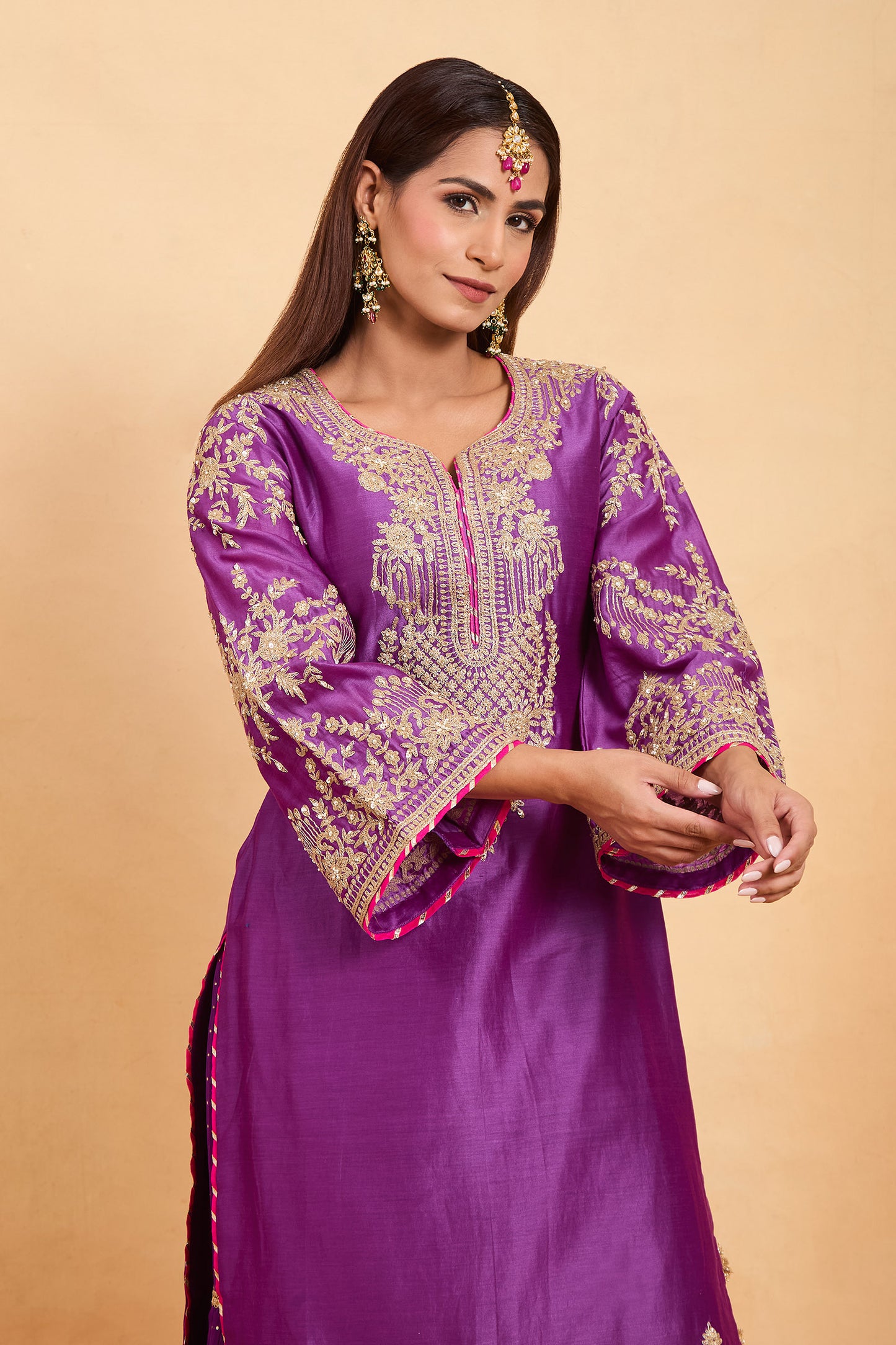 Regal Purple Silk Kurta Set with Gold Embroidery & Gharara Set
