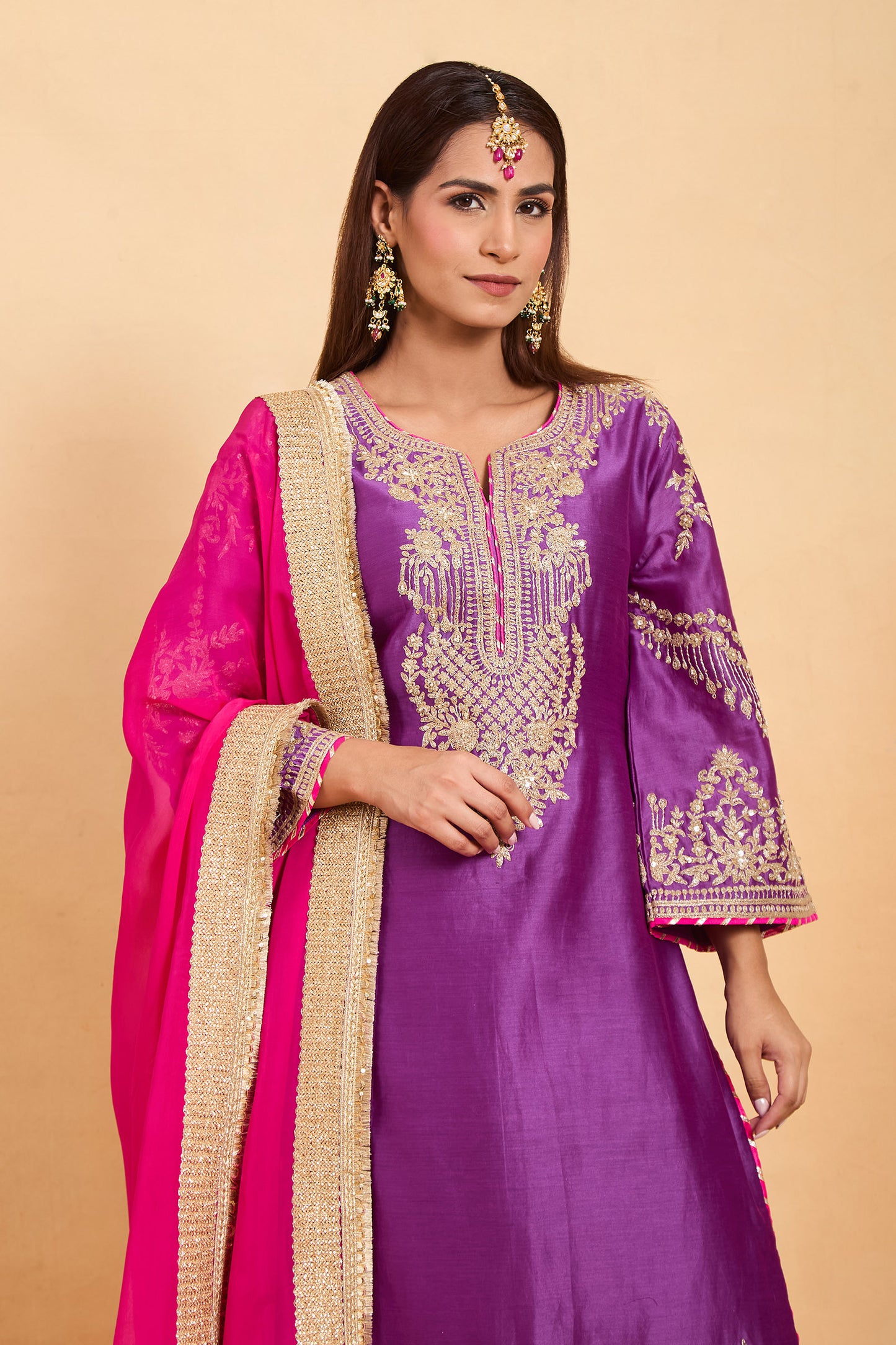Regal Purple Silk Kurta Set with Gold Embroidery & Gharara Set