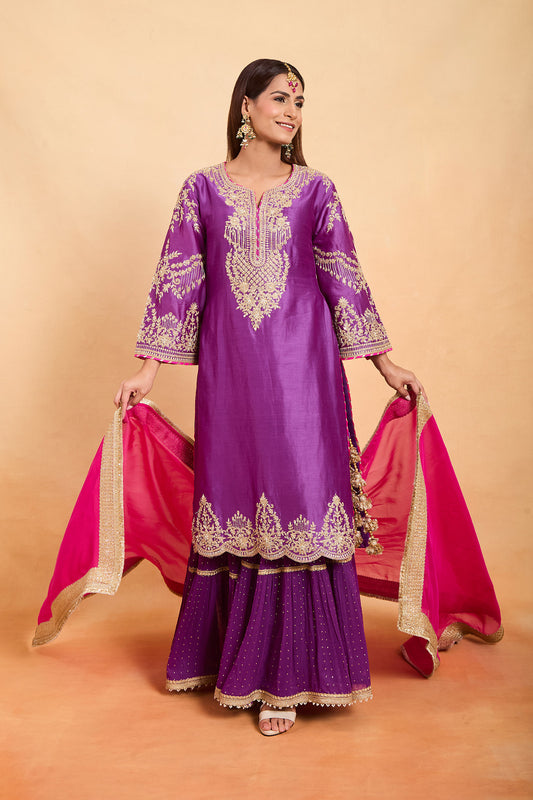 Regal Purple Silk Kurta Set with Gold Embroidery & Gharara Set