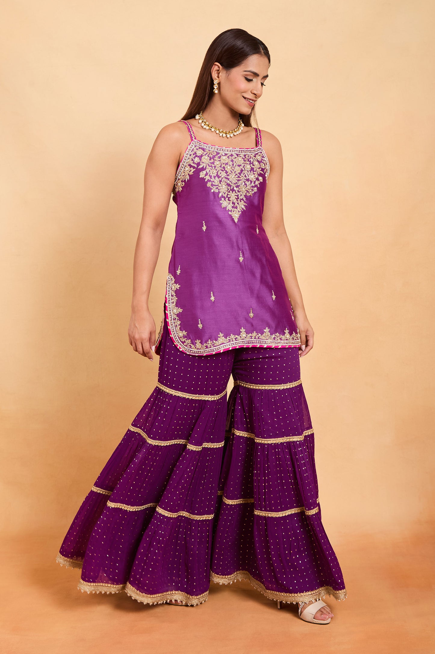 Vibrant Purple Sleeveless Kurti & Tiered Gharara Set with Fuchsia Contrast