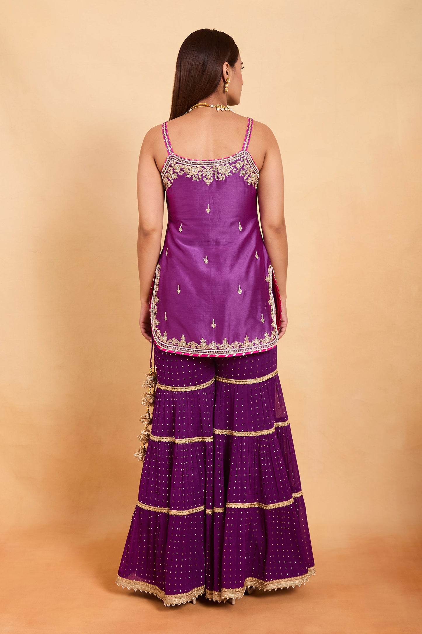 Vibrant Purple Sleeveless Kurti & Tiered Gharara Set with Fuchsia Contrast