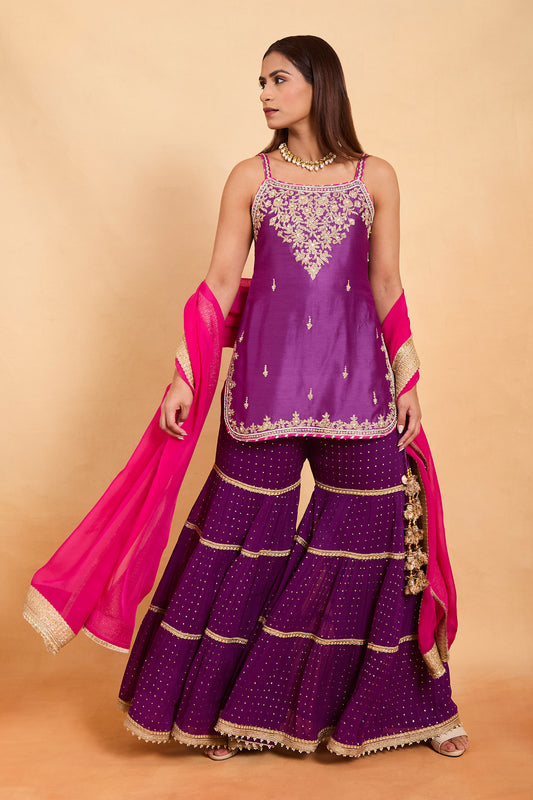 Vibrant Purple Sleeveless Kurti & Tiered Gharara Set with Fuchsia Contrast