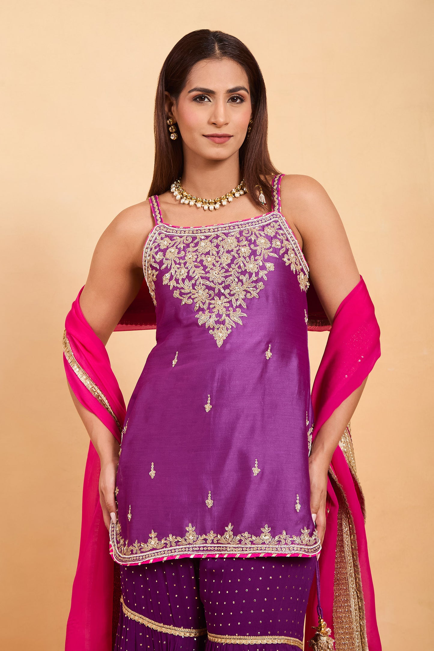 Vibrant Purple Sleeveless Kurti & Tiered Gharara Set with Fuchsia Contrast