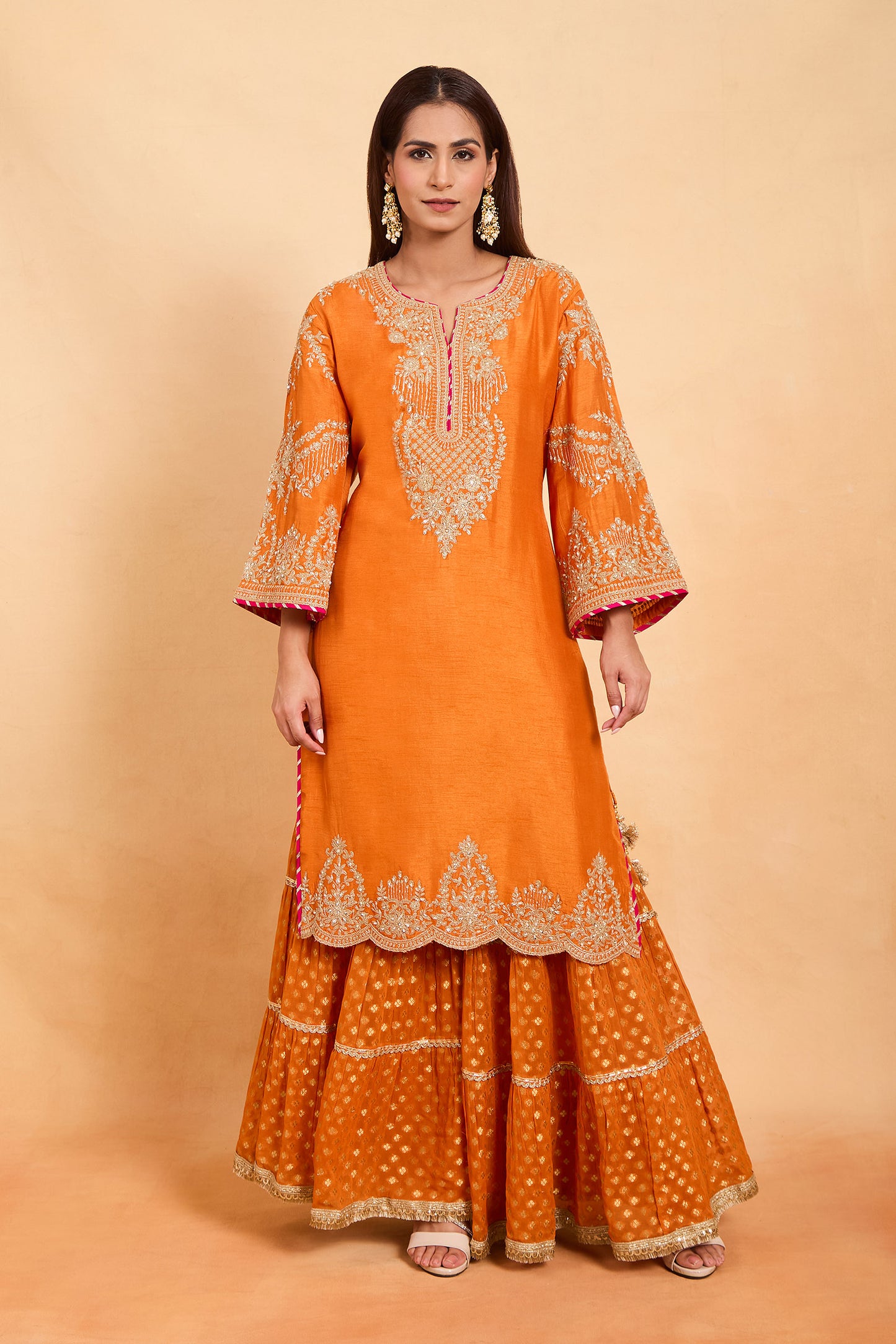 Regal Orange Silk Kurta Set with Gold Embroidery & Gharara Set