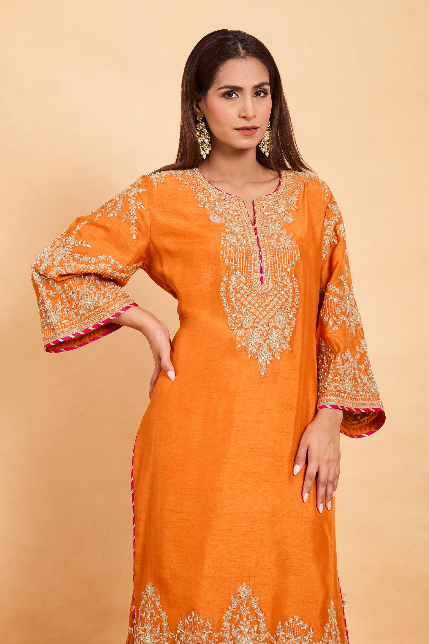 Regal Orange Silk Kurta Set with Gold Embroidery & Gharara Set